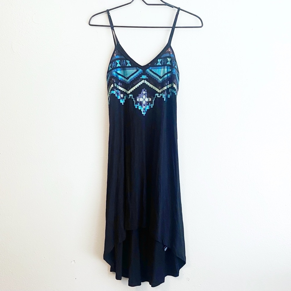 NWT EXPRESS Black High Low Blue Sequin Tank Dress women’s Size Extra Small
